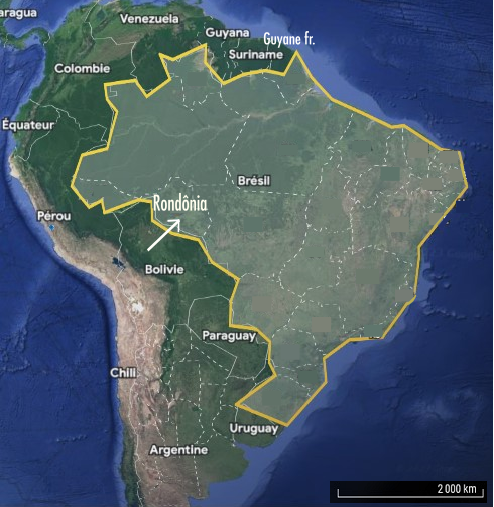 Carte d'Amérique du sud montrant les contours du Brésil et fléchant l’État du Rondônia